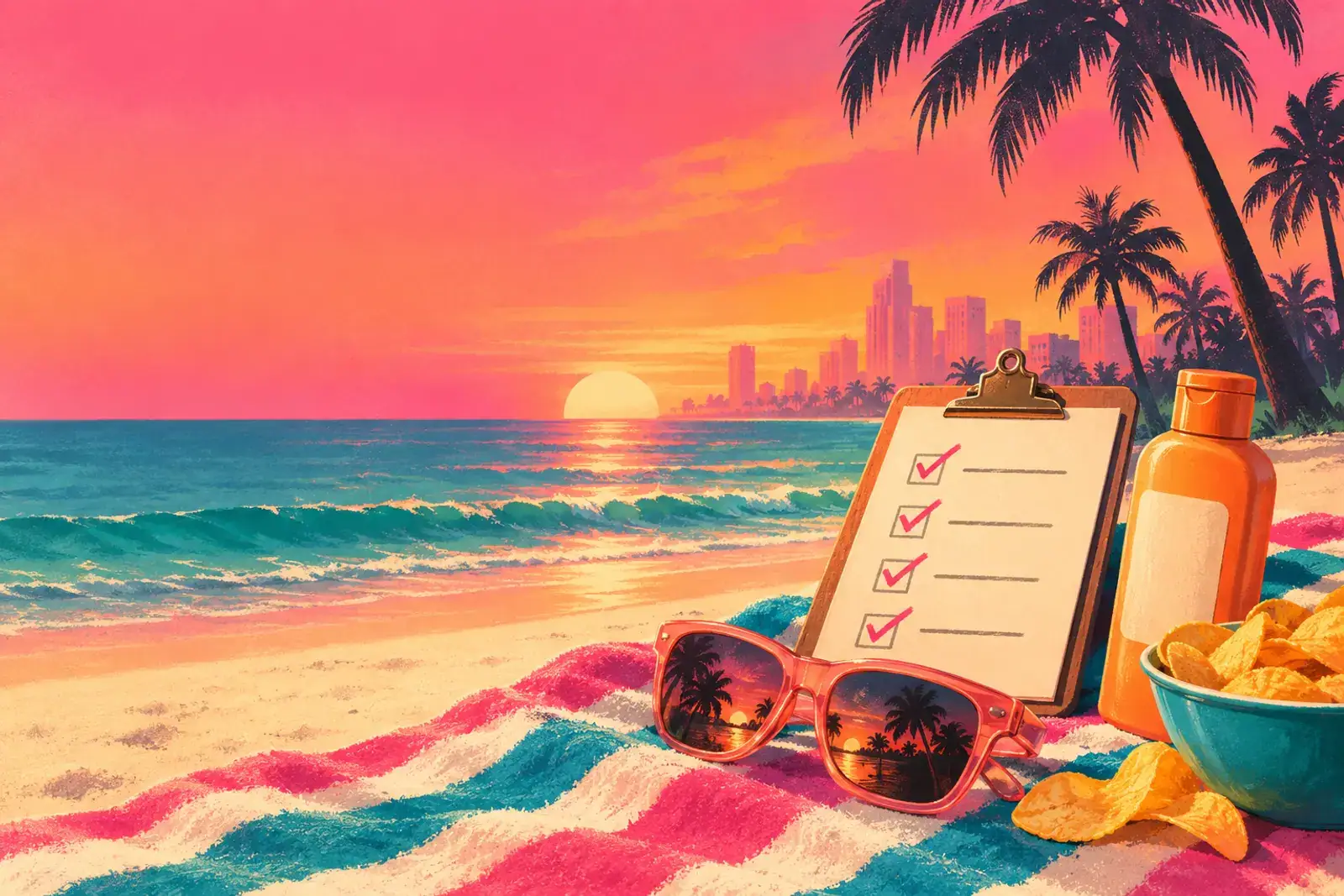 A painted beach scene with a clipboard checklist, sunglasses and a snack bowl on a towel.
