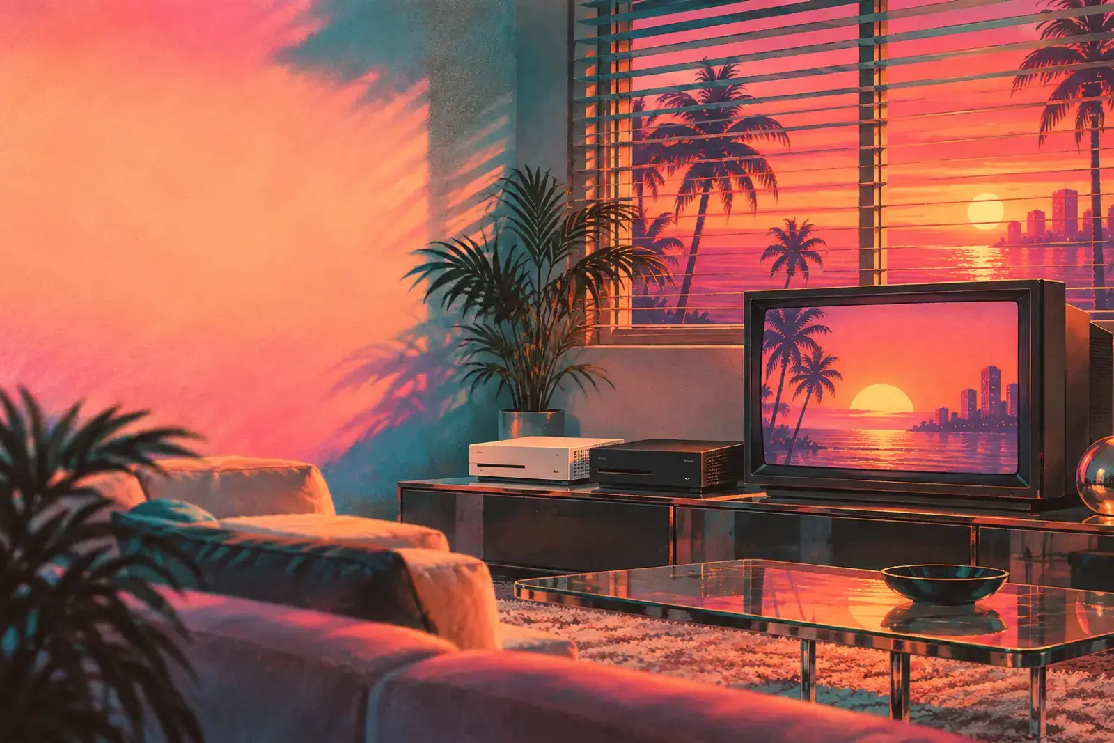 A painted living room with a retro TV showing a sunset and a game console below.