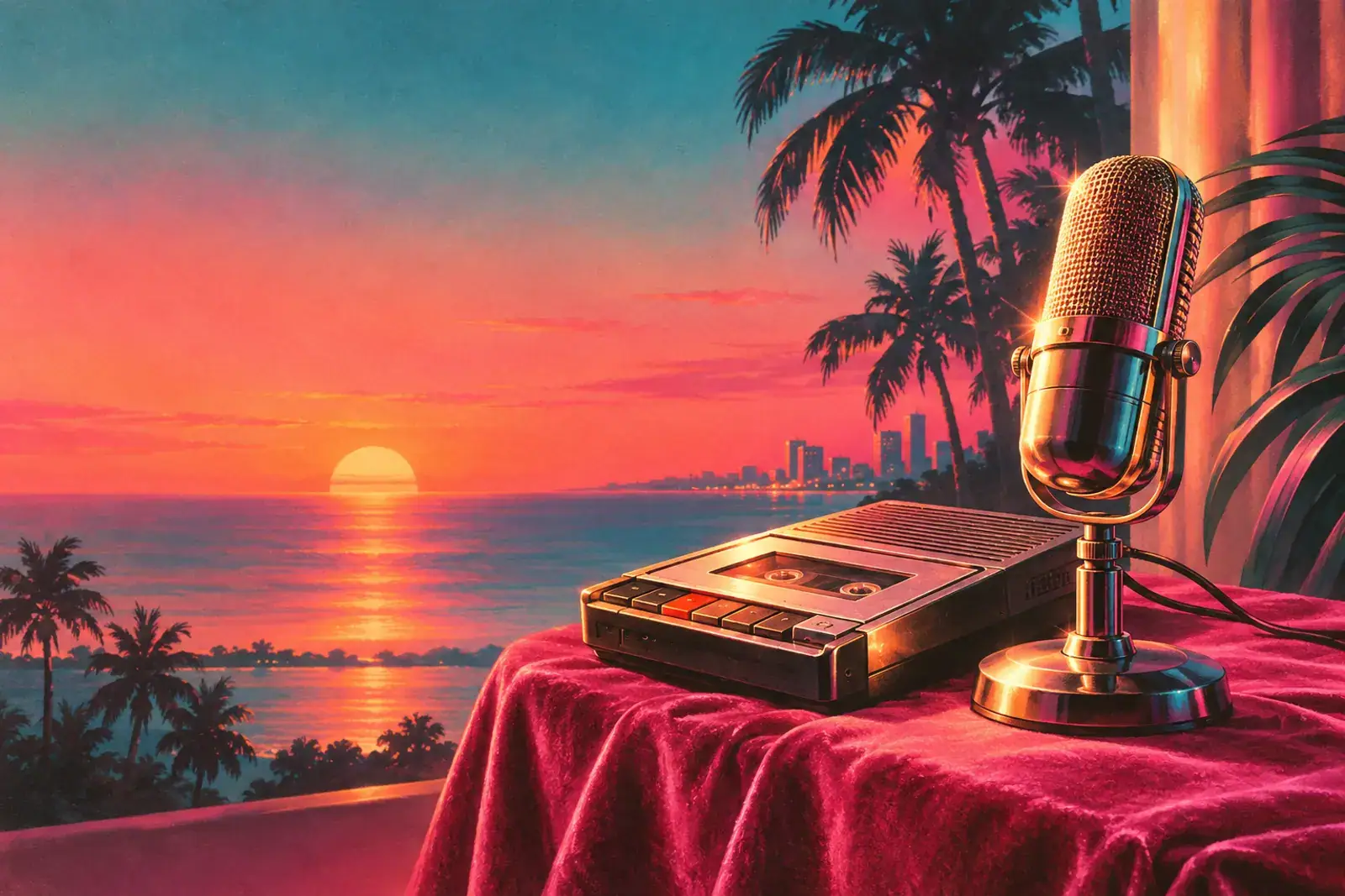 A painted tabletop with a vintage microphone and cassette recorder at sunset.