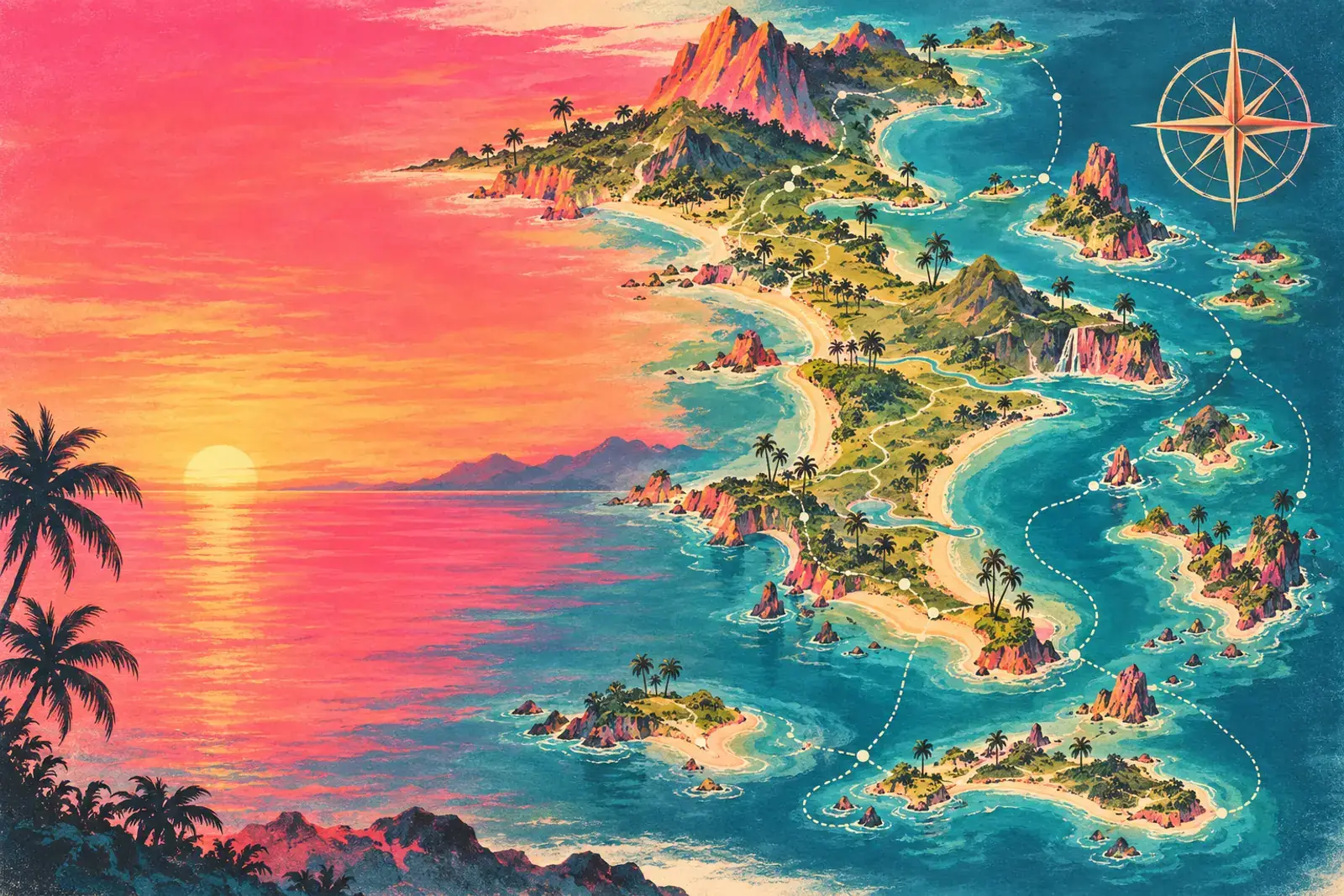 A painted aerial map of tropical islands and coastline with a compass rose.