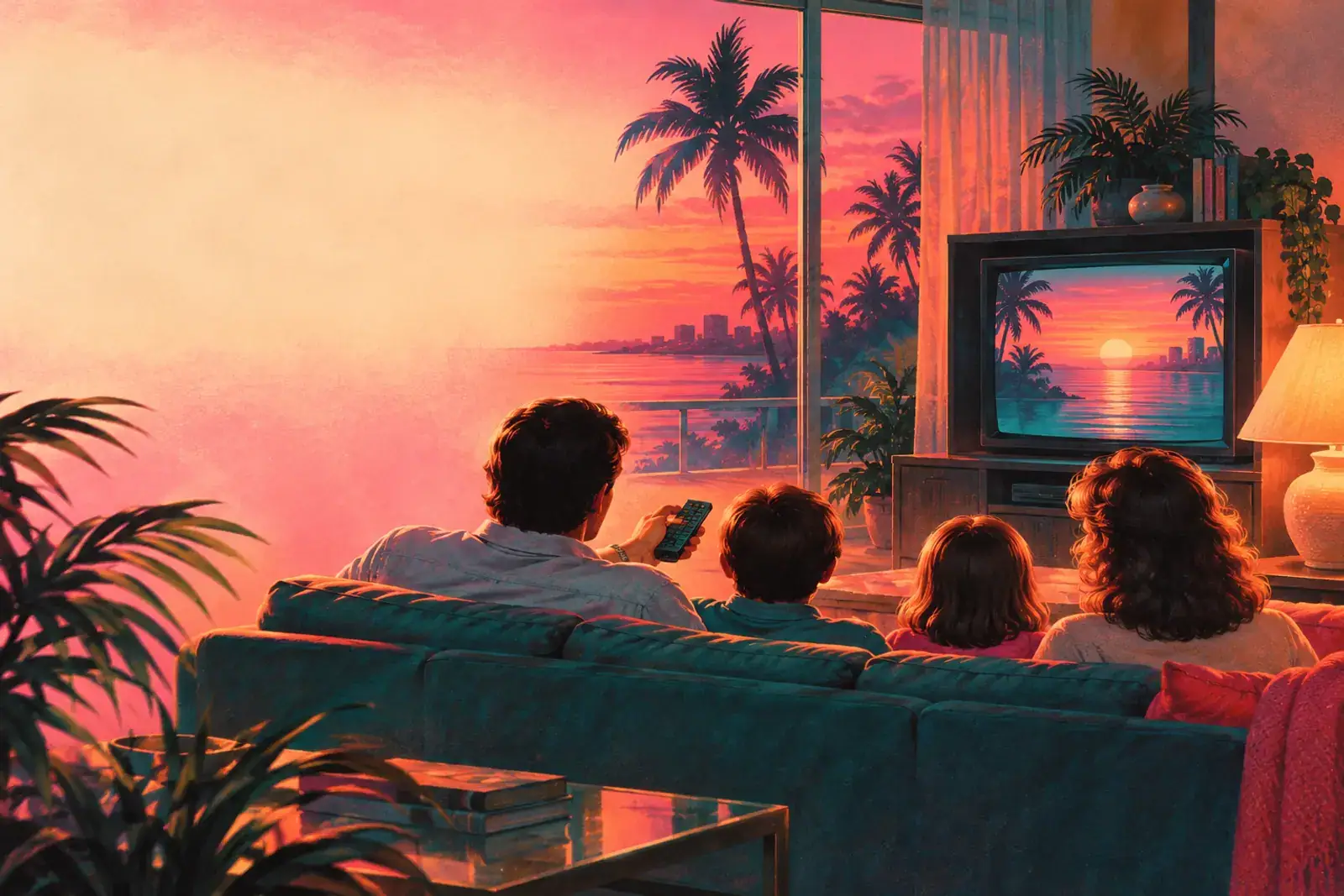 A painted scene of a family sitting on a sofa watching a retro TV at sunset.