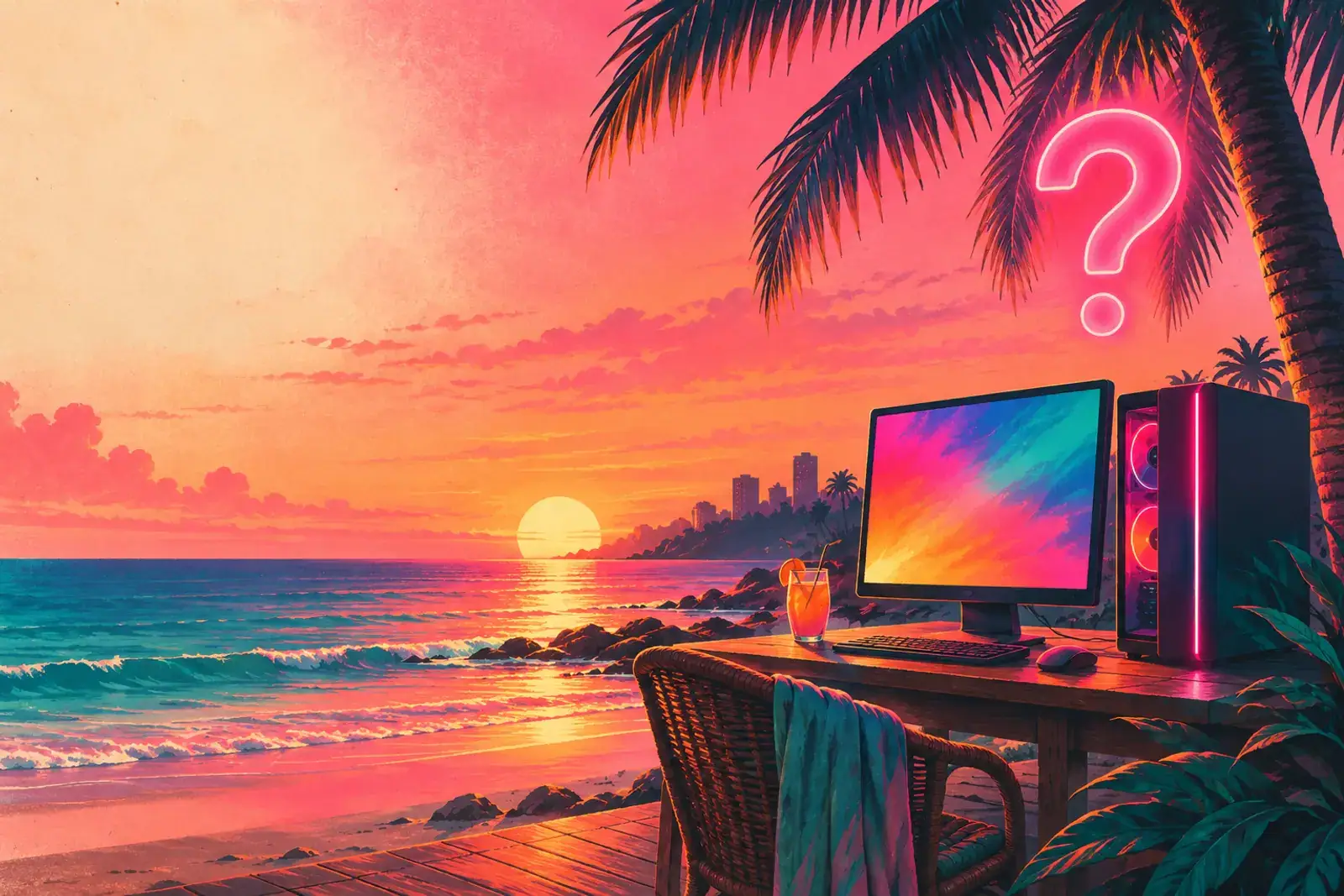 A painted sunset desk with a gaming PC and keyboard glowing in neon light.