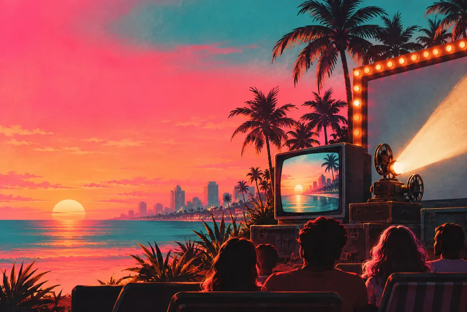 A projector beam of neon light cutting through a dark cinema toward a skyline.