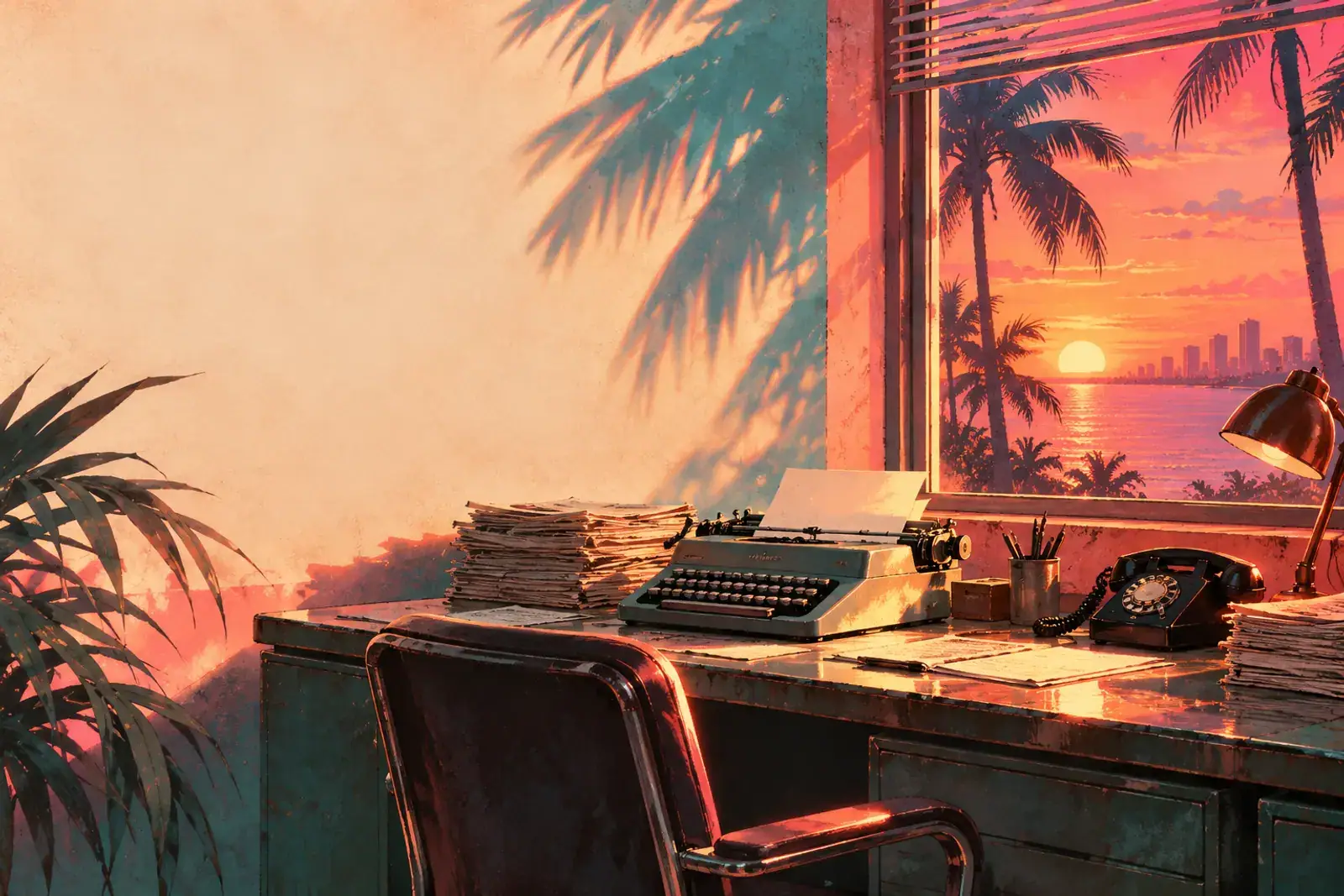 A neon newsroom desk with a typewriter at sunset