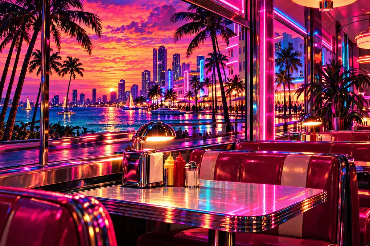 An original painted scene in a sunset palette.