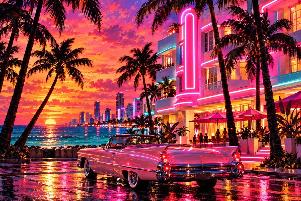 An original painted scene in a sunset palette.