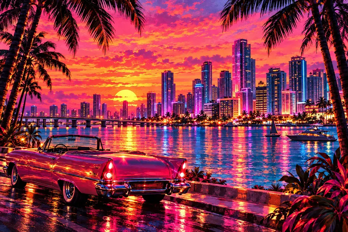 An original painted scene in a sunset palette.
