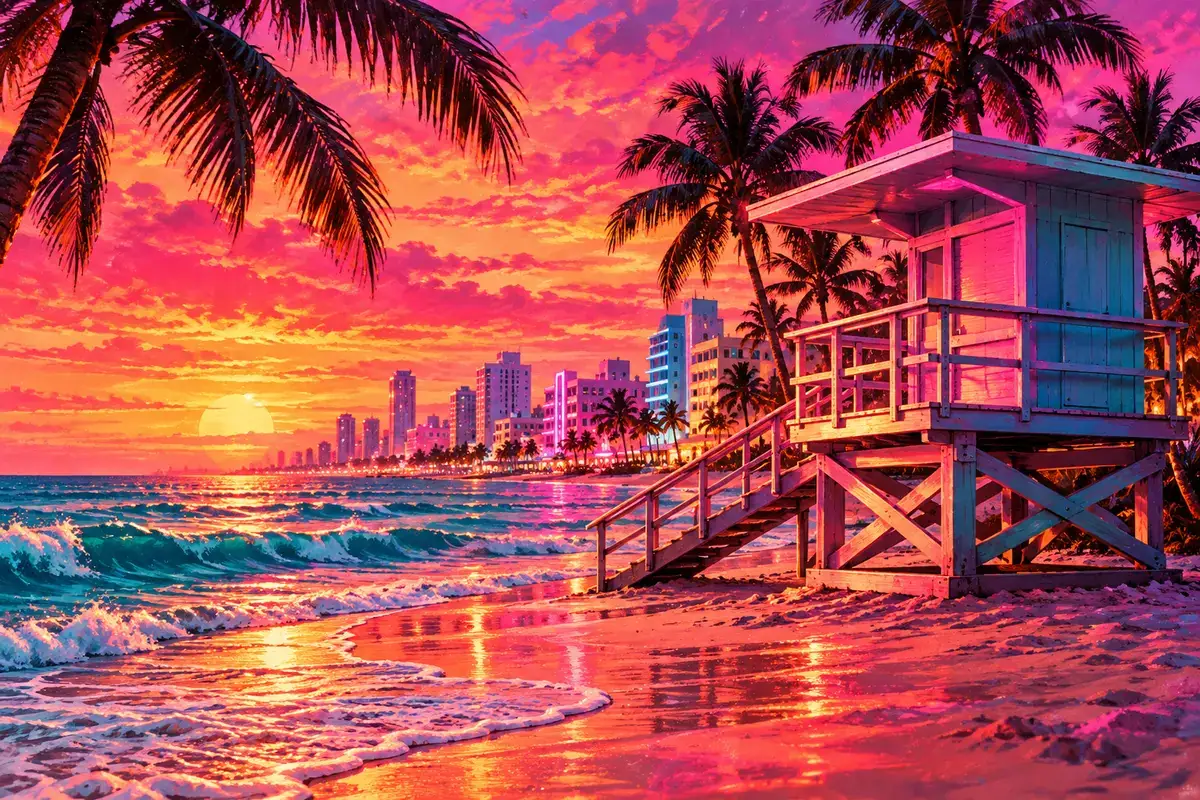An original painted scene in a sunset palette.