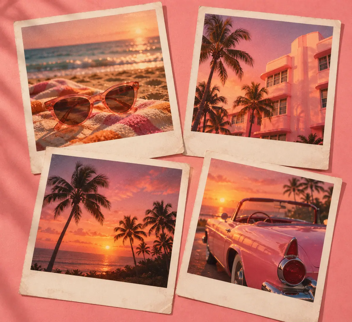 Four instant photographs of sunglasses, a pink hotel, a palm sunset and a pink convertible