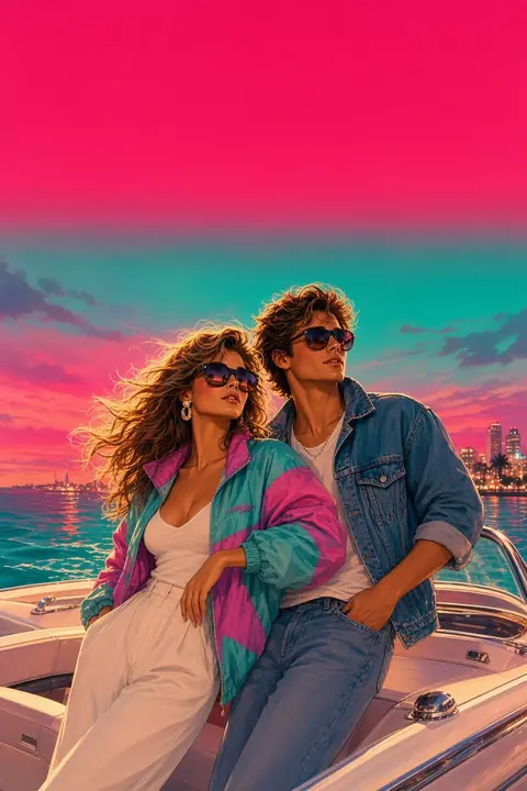 A couple on a white speedboat at dusk