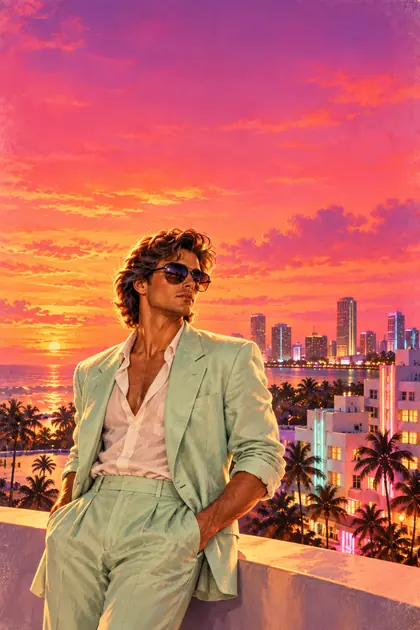 A man in a mint suit on a rooftop above a neon skyline